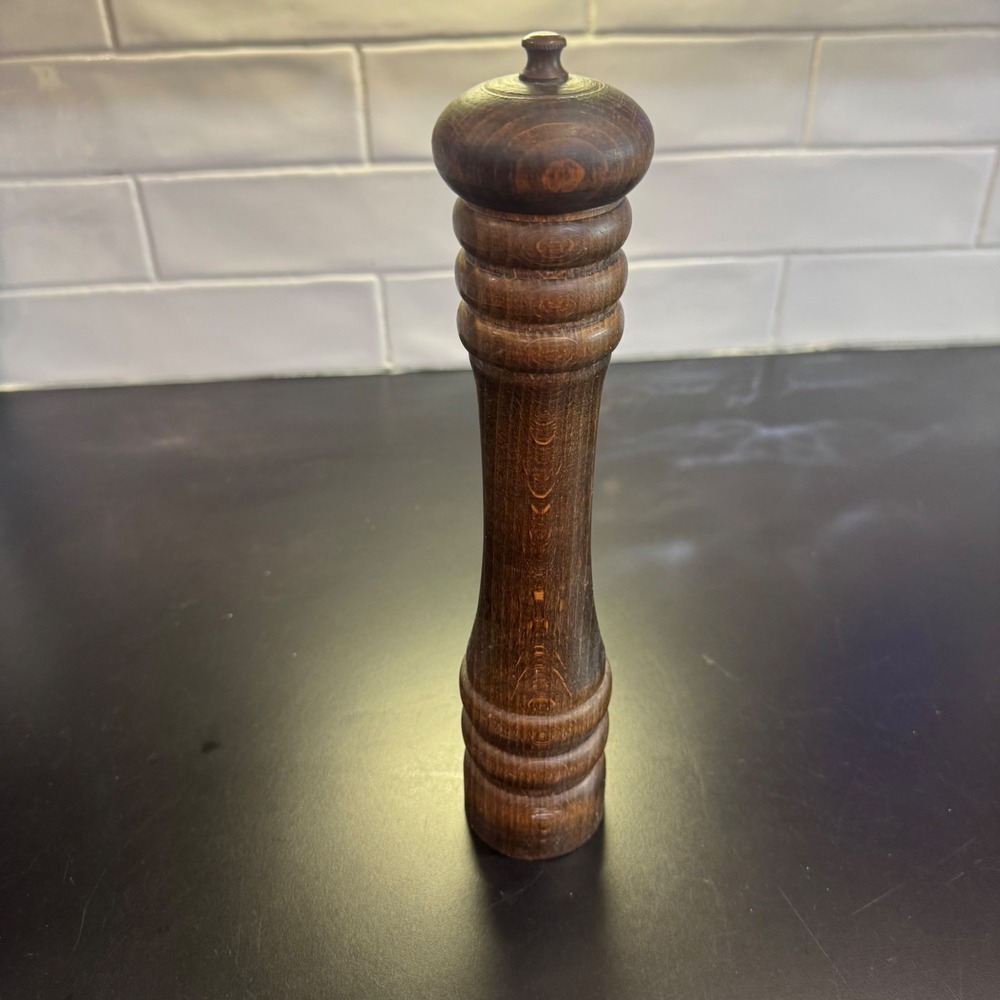 Wooden Pepper Mill Grinder 9.5 Inch Dark Brown Turned Wood Traditional Style